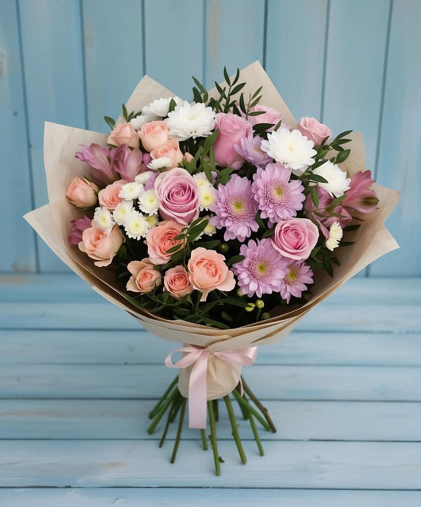 Букет цветов из: Хризантемы, Розы и Альстромерии в Красносельском