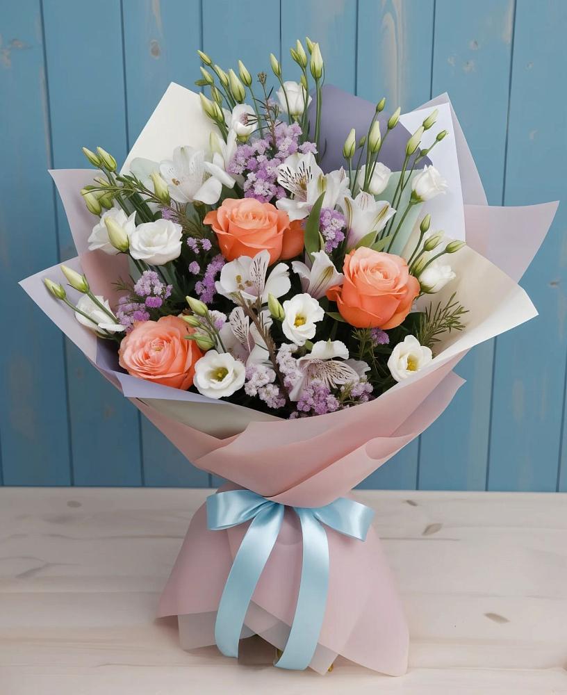 Букет цветов из: Лизиантусы, Розы, Альстромерии и Гипсофила в Красносельском