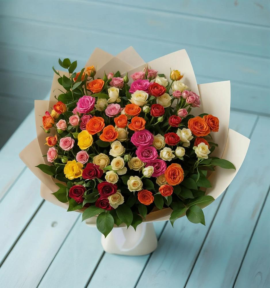 Букет Микс из разноцветных кустовых роз в Красносельском