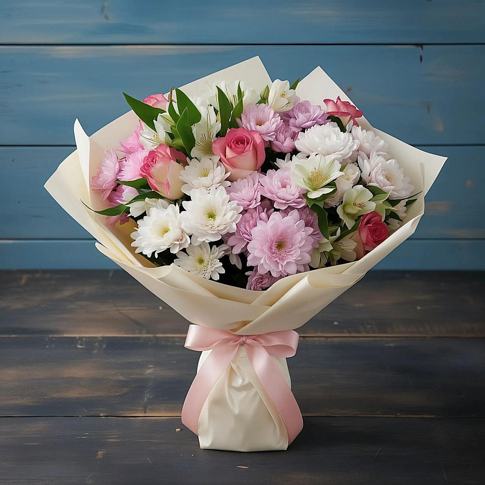 Букет цветов из: Хризантемы, Альстромерии и Розы в Красносельском